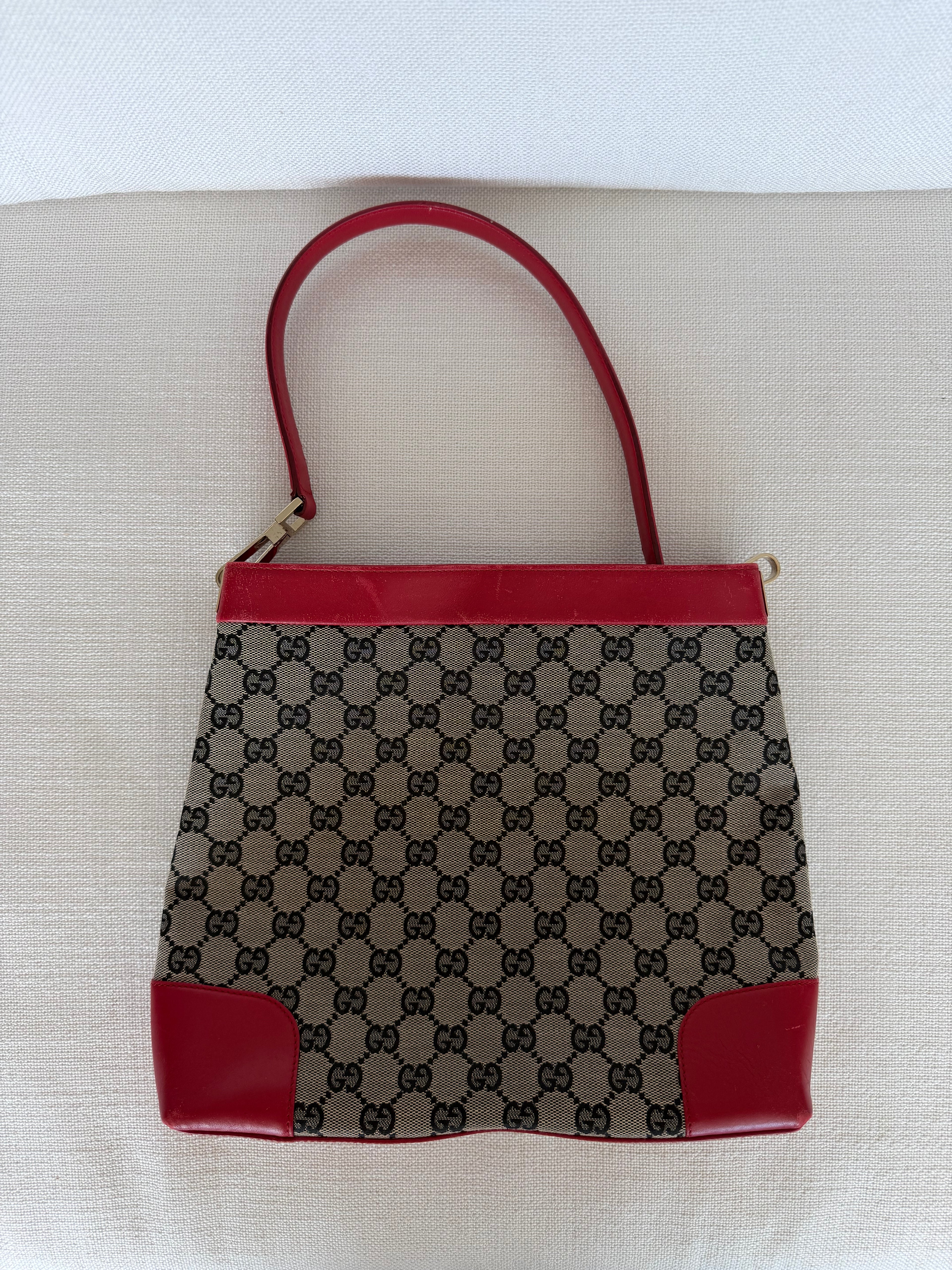 Gucci GG Canvas Shoulder Bag Beige Red gold